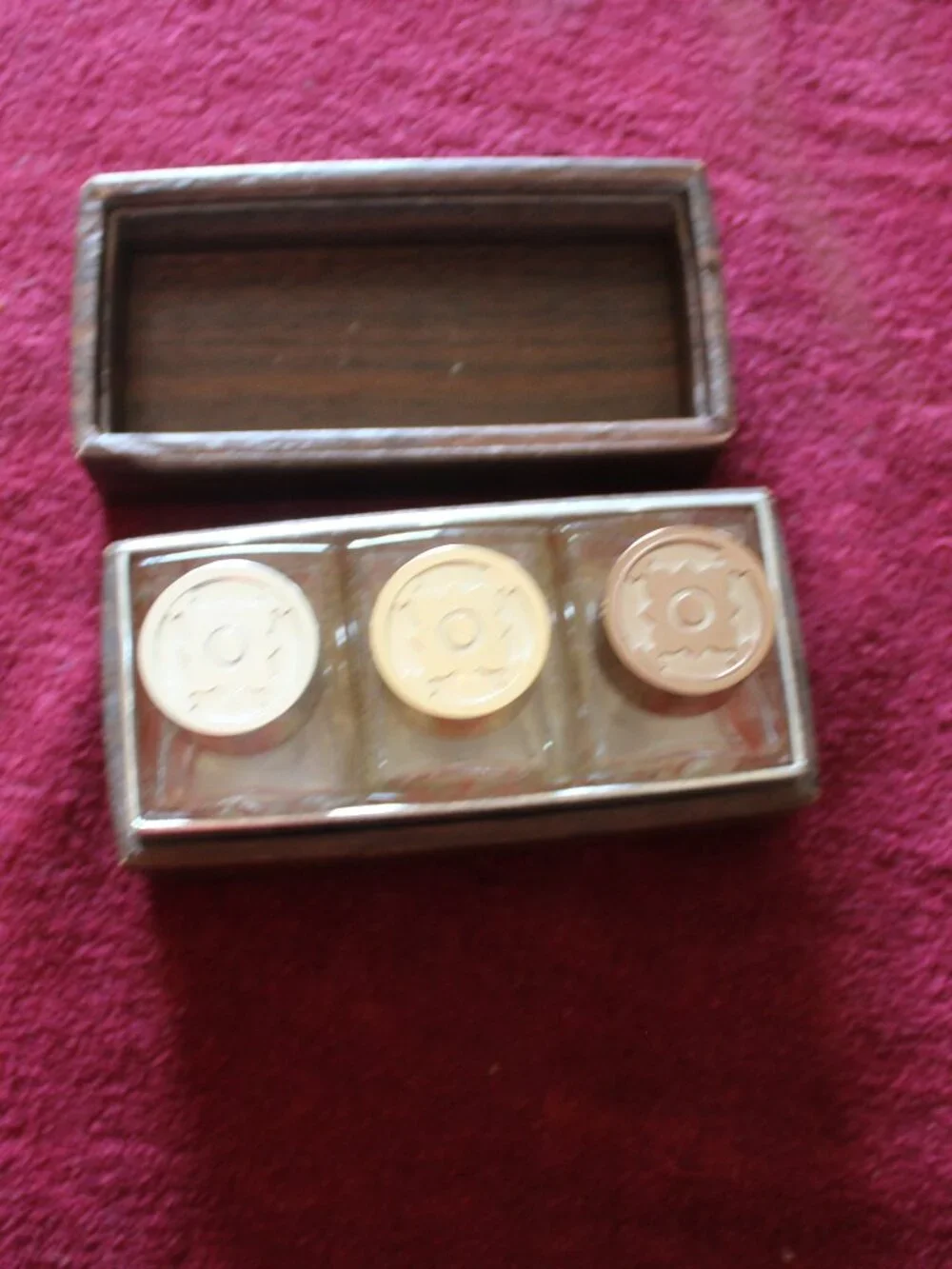 Vintage Avon dresser set w/ three clear glass bottles & decorative cardboard box